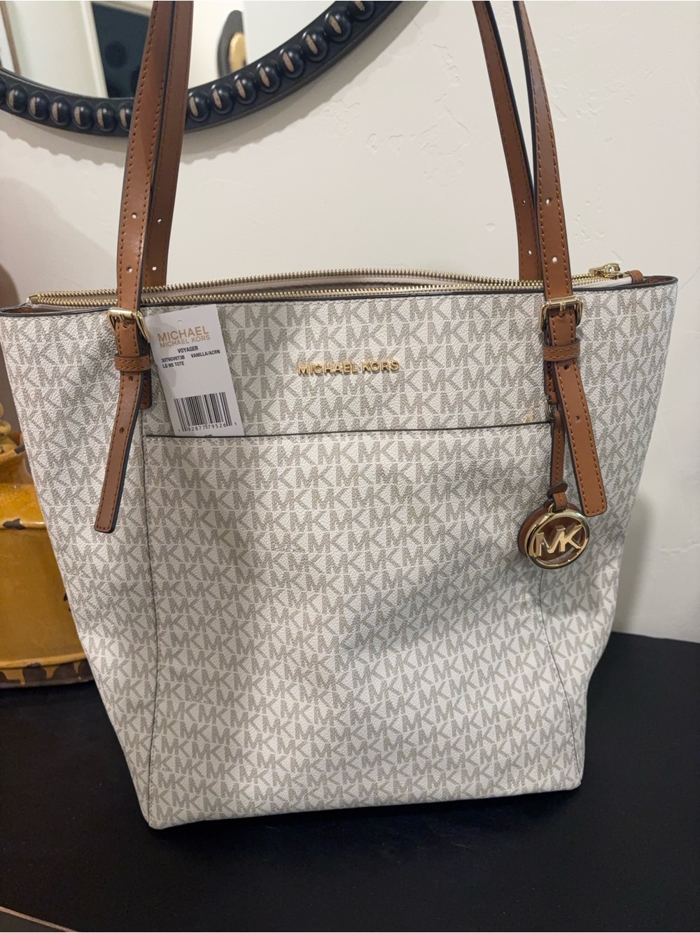 Michael Kors Voyager Logo Tote with Brown Trim and Gold Hardware with Wallet.